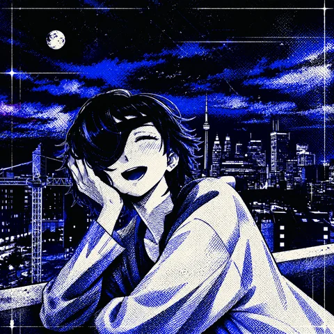 Hime: laughing on a rooftop over the night city